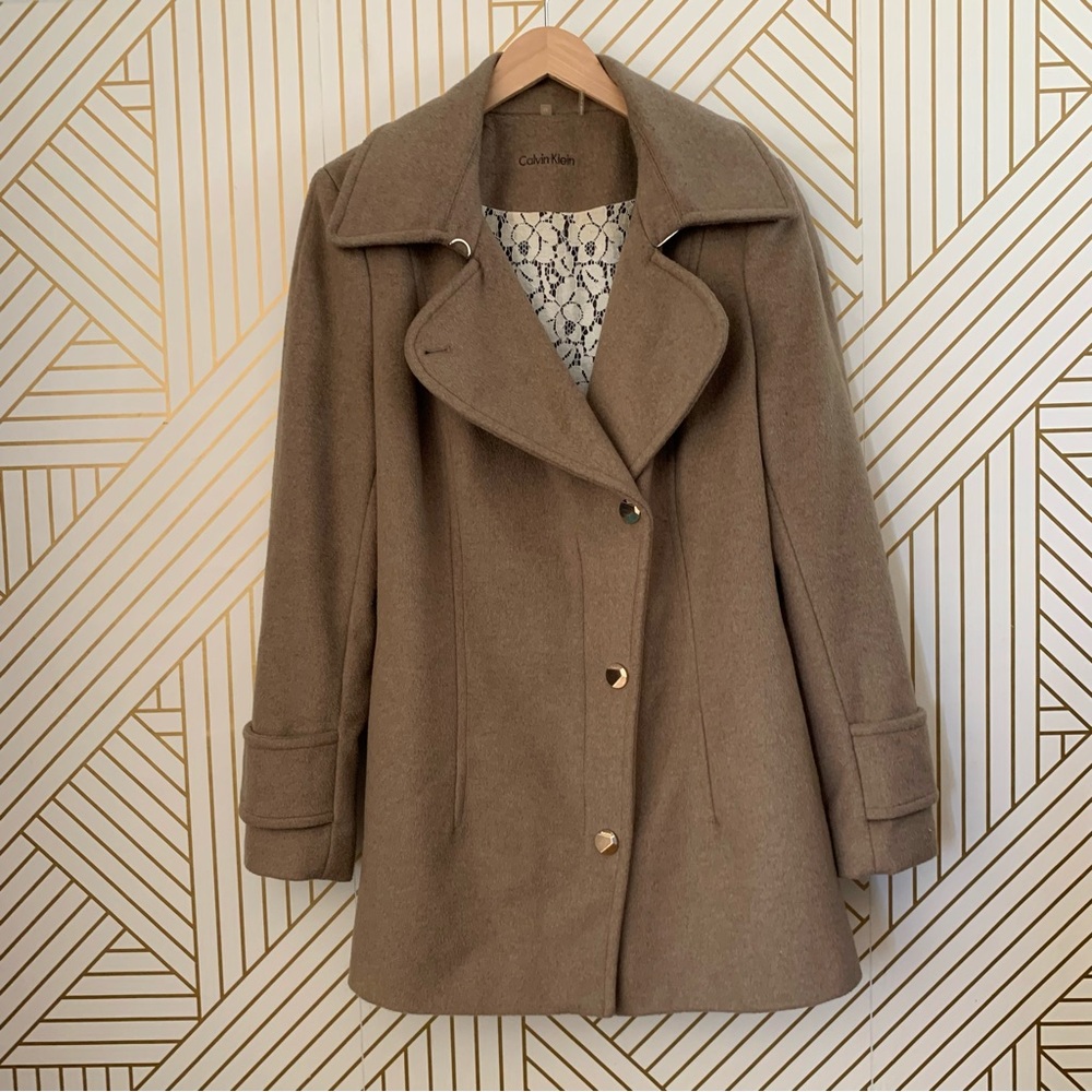 Calvin Klein Wool Asymmetrical peacoat gold buttons jacket pea coat camel tan 12